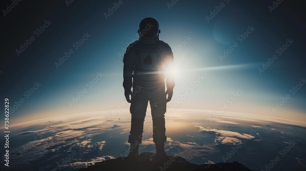 Lonely astronaut standing on the surface of an alien planet, gazing at the horizon with Earth