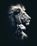 The Lion and the Lamb Together: Symbolism of Peace and Harmony in Christian Imagery. Generative AI.