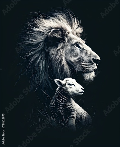 The Lion and the Lamb Together: Symbolism of Peace and Harmony in Christian Imagery. Generative AI.