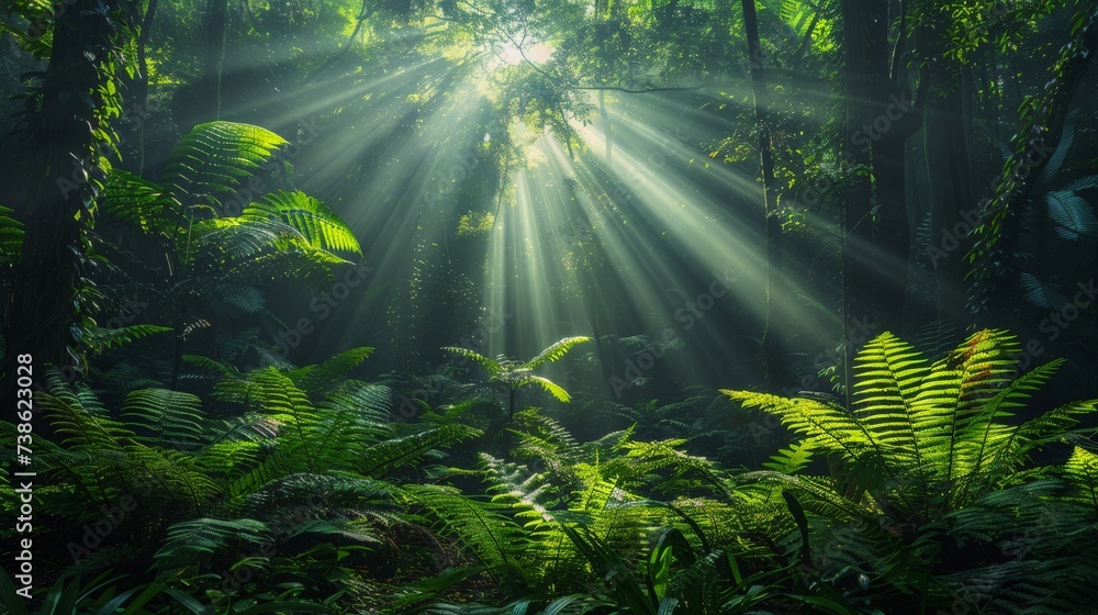 Lush green forest with sunlight filtering through the trees - obrazy, fototapety, plakaty 