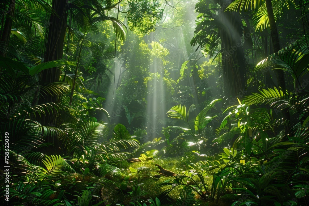 Lush green forest with sunlight filtering through the trees - obrazy, fototapety, plakaty 