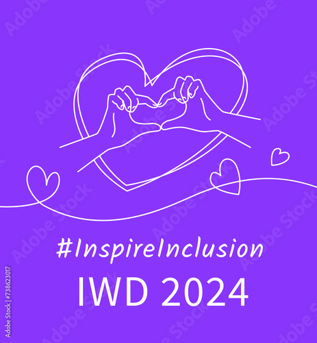Inspire inclusion campaign heart finger gesture. International Women's Day 2024 linear theme banner. Hand drawn thin line human hands make heart symbol to stop discrimination and stereotypes.