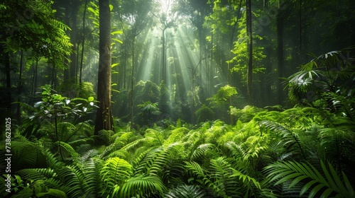 Lush green forest with sunlight filtering through the trees