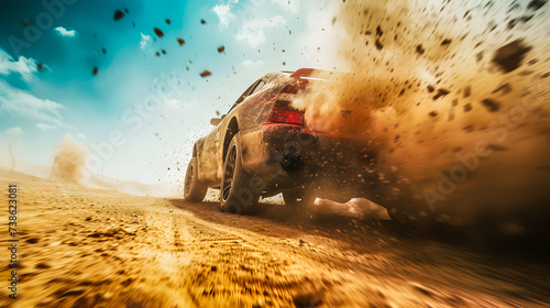 Voiture de rallye projetant de la terre derrière elle en roulant dans le désert photo