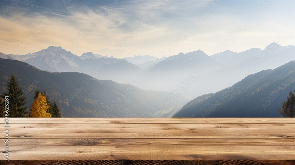 Wooden table top with the mountain landscape - obrazy, fototapety, plakaty 