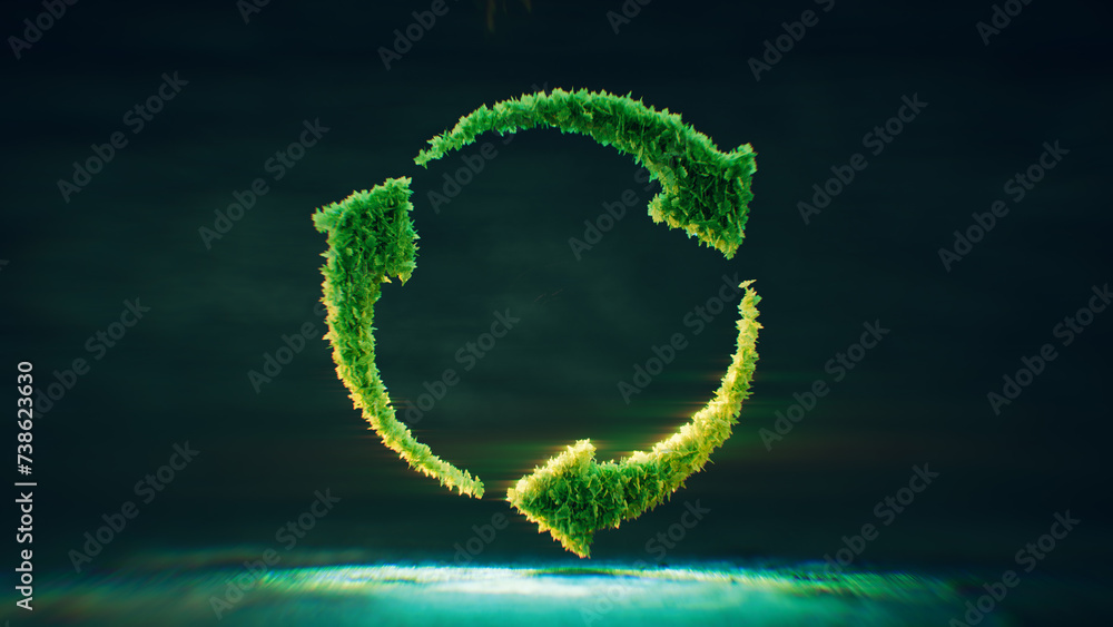 Obraz premium A symbol of arrows in a circle made up of lush green translucent leaves that are backlit against a dark blue background. Concept of reusability and environmental friendliness. 3d rendering.