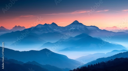 Majestic mountain range with sunrise, clear skies, nature landscape