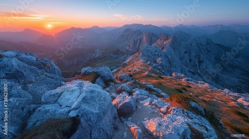 Majestic mountain range with sunrise, clear skies, nature landscape