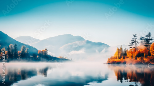 Paysage , lac dans la montagne à l'aube