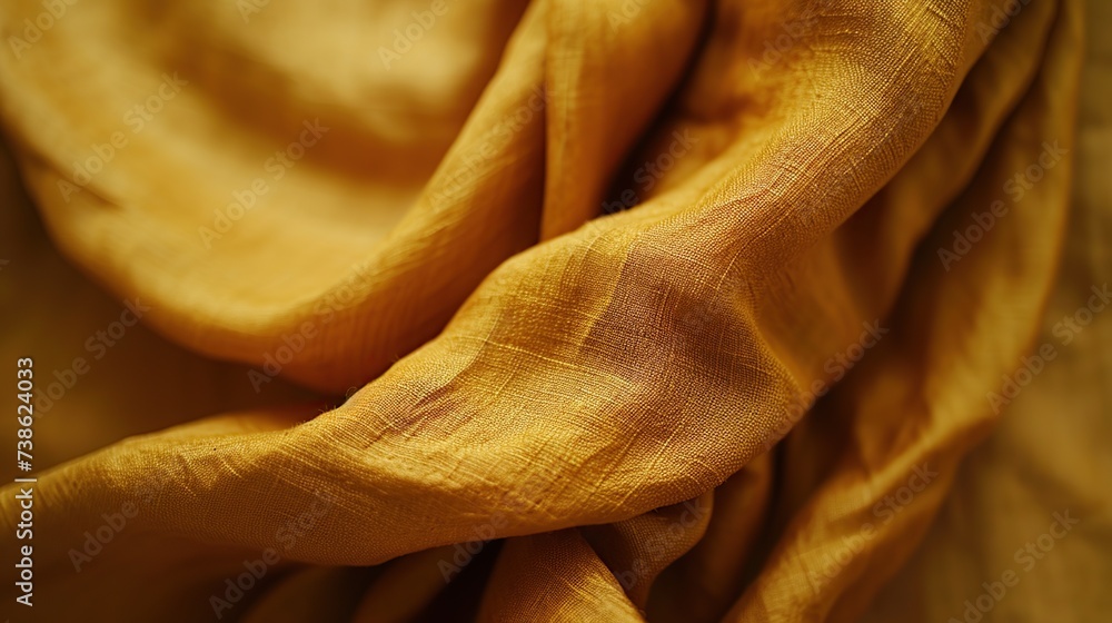Fototapeta premium Macro shot of textured golden cloth, highlighting intricate weaves. Suitable for design elements or as a texture in fashion and material design
