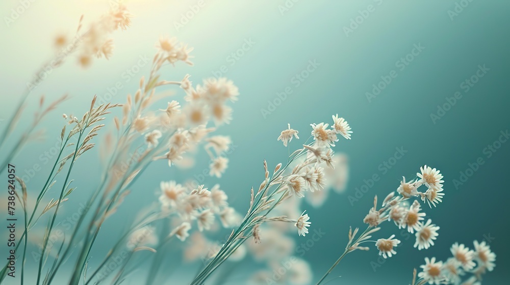 A cluster of daisies bathed in a soft teal glow, creating a dreamy atmosphere. Suitable for serene backgrounds or themes of natural beauty, with space for text.