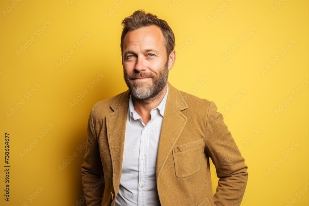 Portrait of a handsome middle-aged man in a suit on a yellow background Portrait of a handsome middle-aged man in a suit on a yellow background