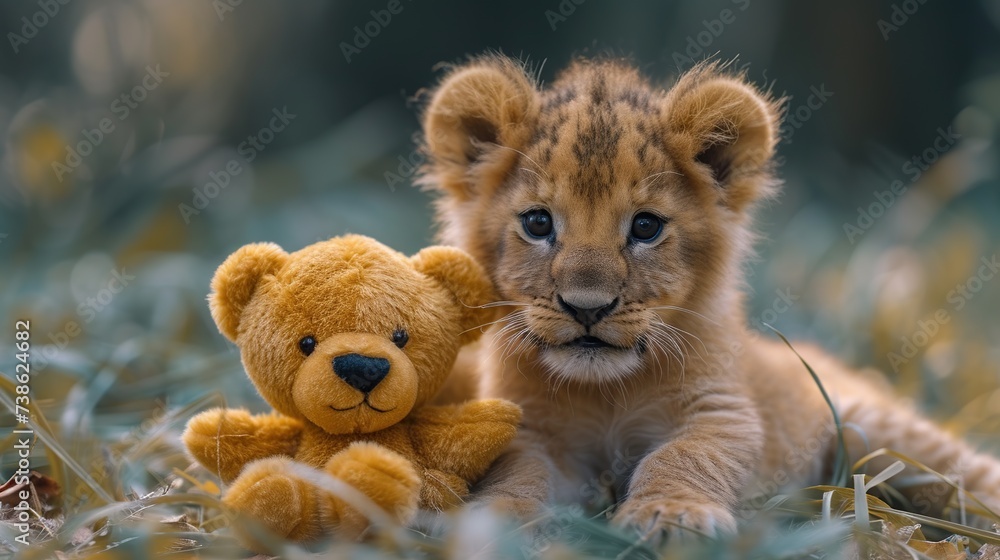 Real lion cub and a teddy bear together in the wild, a heartwarming scene that blends reality with imagination, symbolizing friendship and adventure, perfect for storytelling and educational content Real lion cub and a teddy bear together in the wild, a heartwarming scene that blends reality with imagination, symbolizing friendship and adventure, perfect for storytelling and educational content