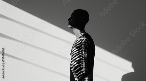 Human silhouette with a skeleton superimposed, creating a captivating interplay of light and shadow, perfect for themes of identity, anatomy, and art.