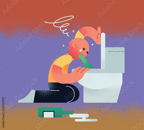 Illustration of a person throwing up on the toilet bowl due to a hangover