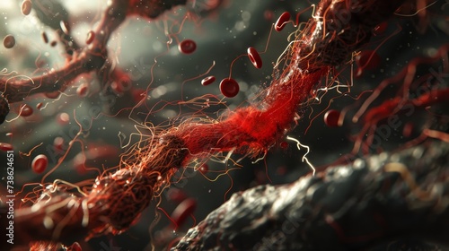 A highly detailed close-up depiction of red blood cells flowing through the intricate network of capillaries, showcasing the complexity of the human circulatory system.