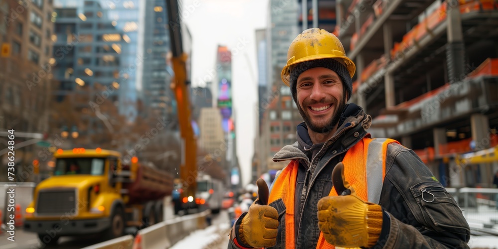 Smiling Construction Worker Approval in City Smiling Construction Worker Approval in City