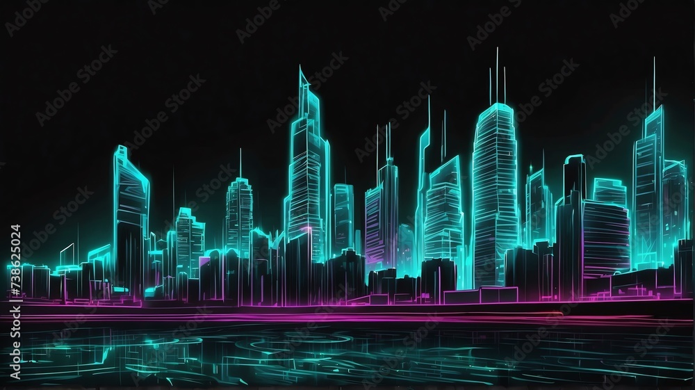 City landscape made of zigzag rays mesh of thick teal glowing neon lights on plain black background from Generative AI