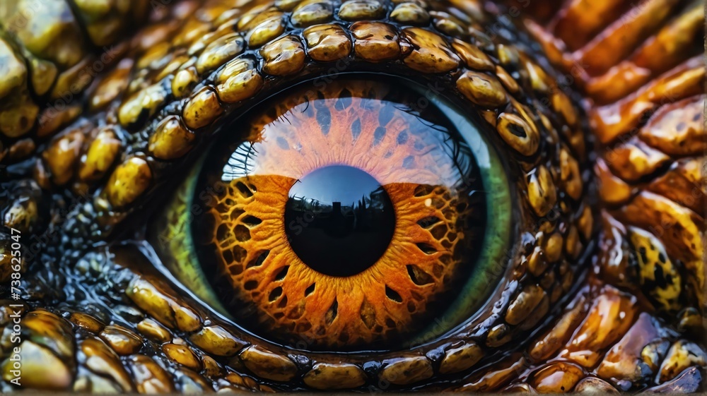 Close up of angry dinosaur eye, detailed intricate texture and vibrant colors from Generative AI