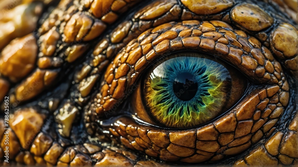 Fototapeta premium Close up of angry dinosaur eye, detailed intricate texture and vibrant colors from Generative AI