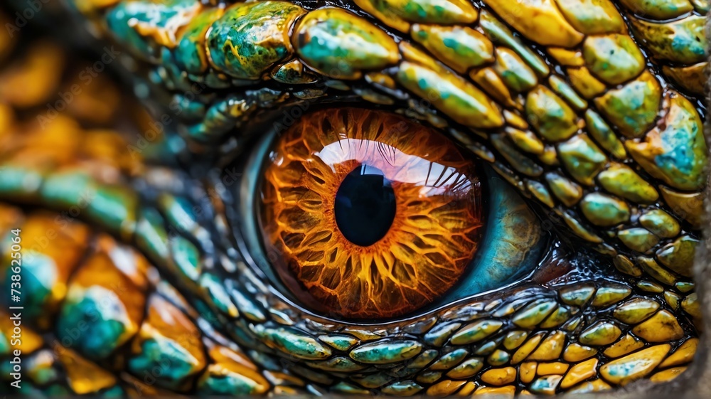 Fototapeta premium Close up of angry dragon eye, detailed intricate texture and vibrant colors from Generative AI