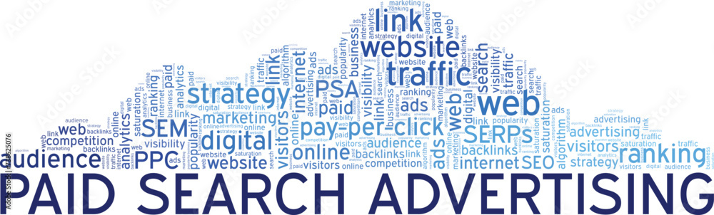Paid Search Advertising word cloud conceptual design isolated on white background. Paid Search Advertising word cloud conceptual design isolated on white background.