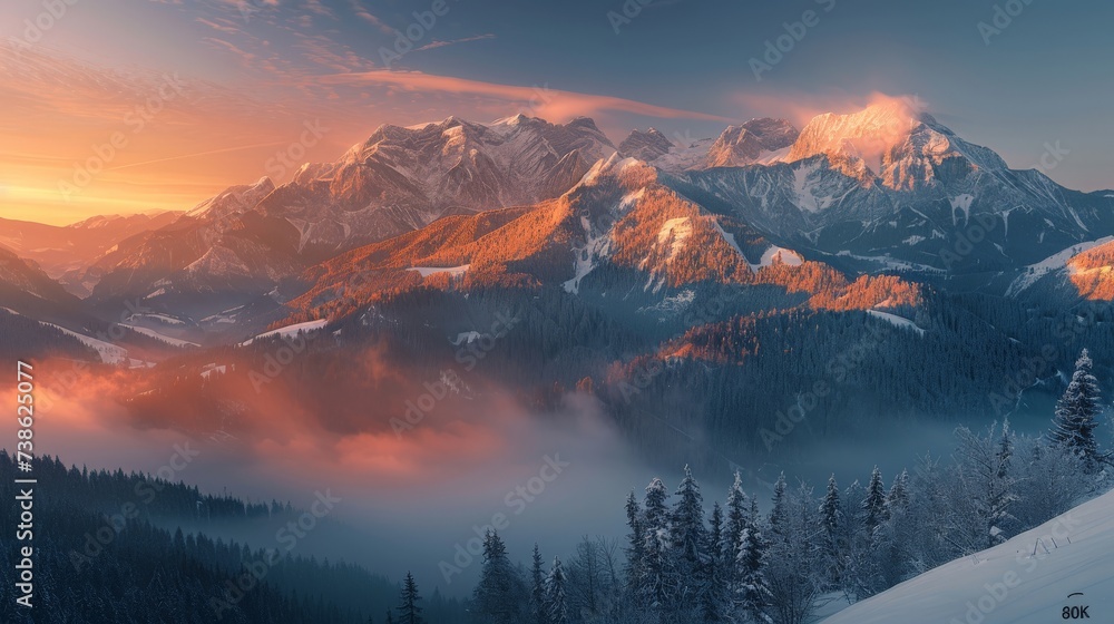 Mountain range at sunset, low angle, winter, golden hour lighting, peaceful - obrazy, fototapety, plakaty 
