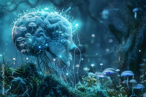 fantasy human brain mushrooms glowing luminescent  #738625023