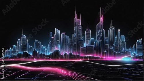 City landscape made of zigzag rays mesh of thick white glowing neon lights on plain black background from Generative AI