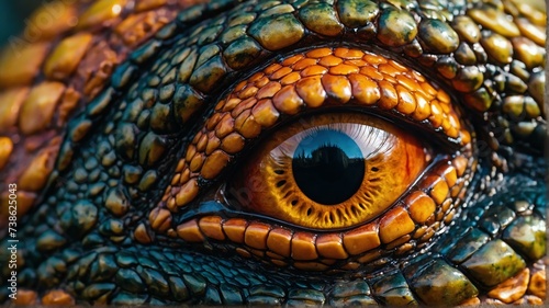 Close up of angry dinosaur eye, detailed intricate texture and vibrant colors from Generative AI © Arceli