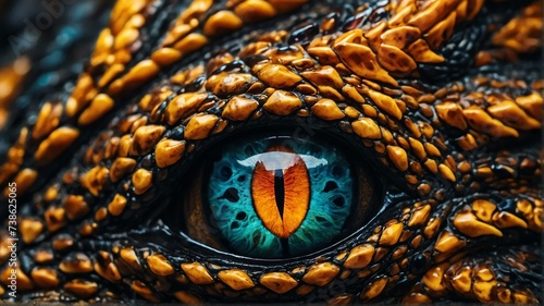 Close up of angry dragon eye, detailed intricate texture and vibrant colors from Generative AI © Arceli