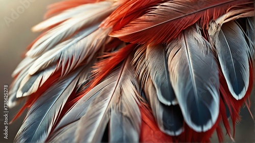 Soft red feathers close up texture with sunlight gentle background from Generative AI photo