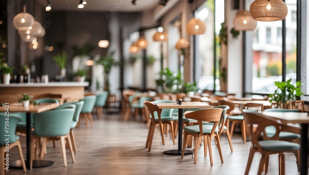 Blurred cafe interior with tables and chairs. Great for coffee shop ambiance in designs. generative AI Blurred cafe interior with tables and chairs. Great for coffee shop ambiance in designs. generative AI