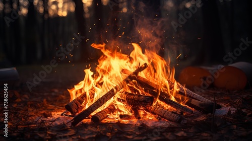 Bonfire with orange flames of burning wood and bricks around it making smoke in a forest during a dark night under a blurred background