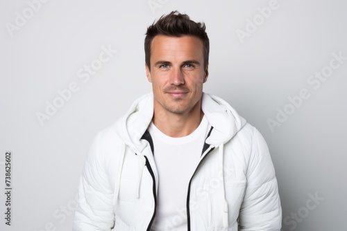 Portrait of a handsome man in a white jacket on a gray background
