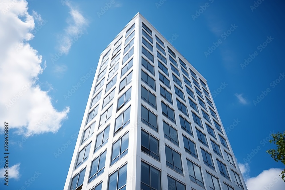 Modern office building with glass facade on a clear day against serene blue sky background