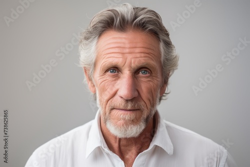 Portrait of a senior man with grey hair. Isolated on grey background.