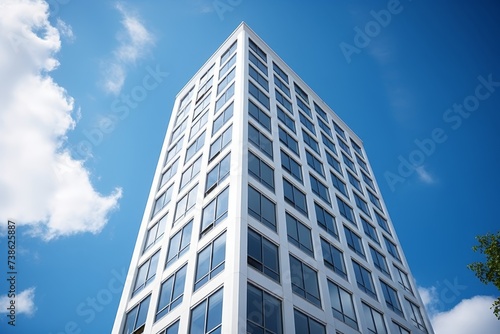 Modern office building with glass facade on a clear day against serene blue sky background