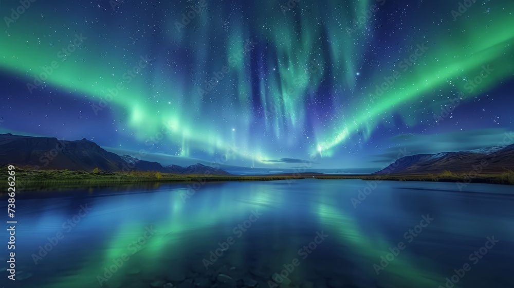 Northern lights dancing over a secluded lake, magical and mystical nature landscape