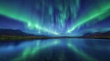 Northern lights dancing over a secluded lake, magical and mystical nature landscape