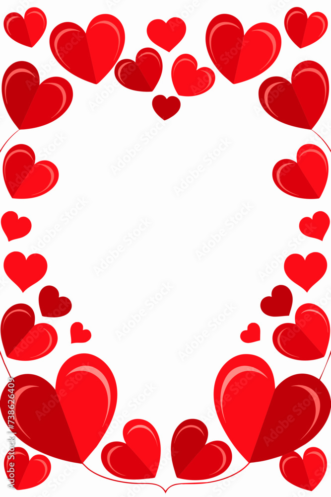 Celebration background with colorful red hearts borders on white background. Vector illustration. big copy space in center  
