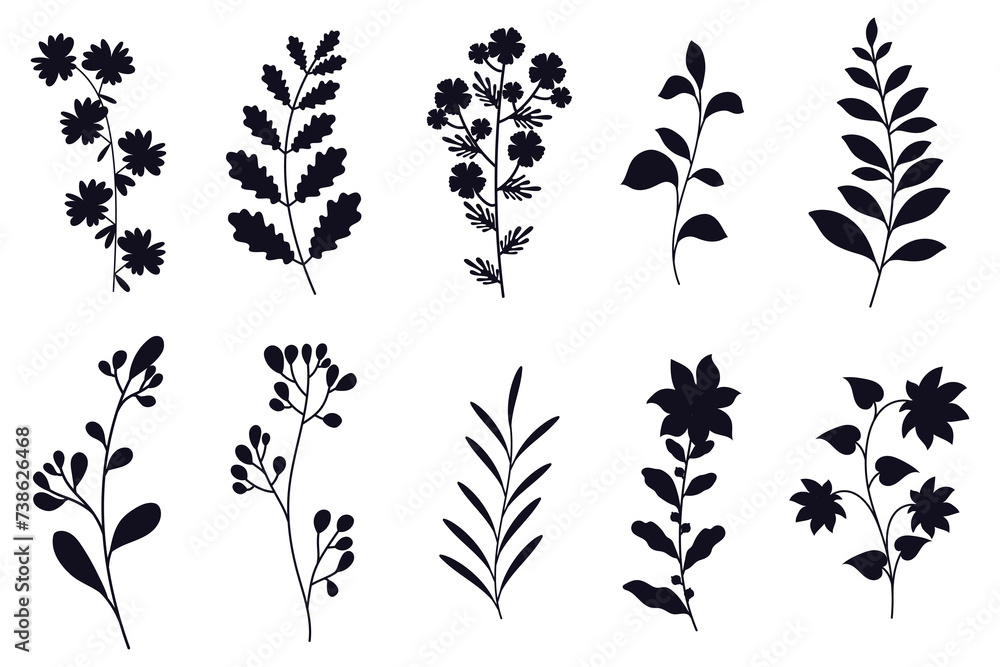 Collection of flowers, leaves and branches silhouettes isolated on white background. - obrazy, fototapety, plakaty 