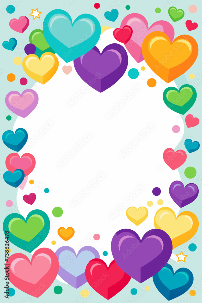 Celebration background with colorful red hearts borders on white background. Vector illustration. big copy space in center  