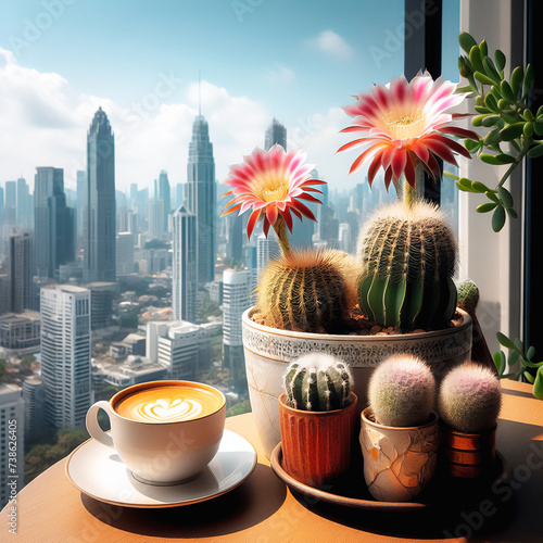 Cactus con flores en mesita de madera junto a taza de café junto a la ventana de un rascacielos photo