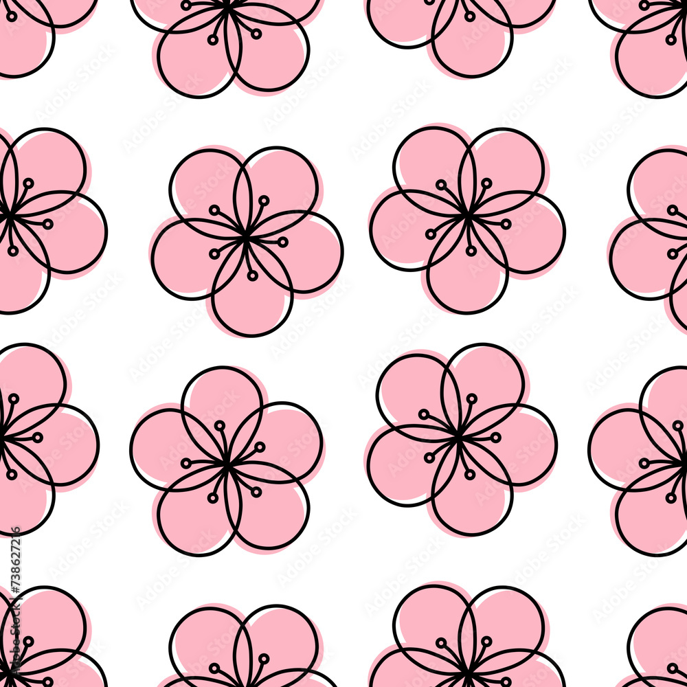 Sakura and cherry blossoms with outline repeating pattern Sakura and cherry blossoms with outline repeating pattern