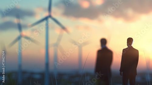 Abstract Silhouettes of Businessmen Contemplating Wind Energy at Sunset