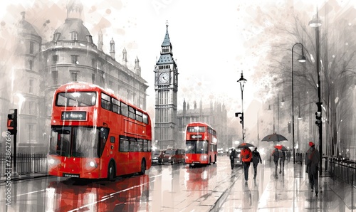 A Vibrant Cityscape: Two Red Double Decker Buses Amidst Urban Bustle