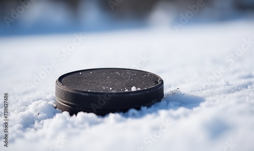 Frozen Battle on the White Canvas: A Hockey Puck's Icy Encounter with Nature's Playground