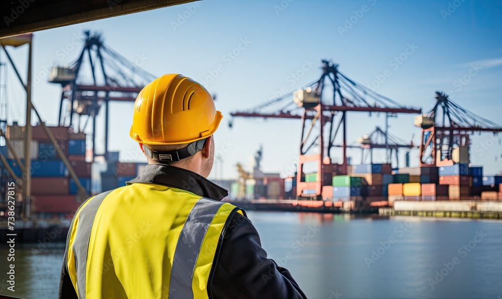 Harbor Watchman: A Man Observing the Waterfront in His Safety Gear Harbor Watchman: A Man Observing the Waterfront in His Safety Gear