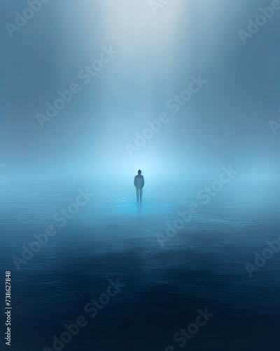 Image of lone man standing in lake in dark dramatic landscape surroundings, mental health concept image © veneratio